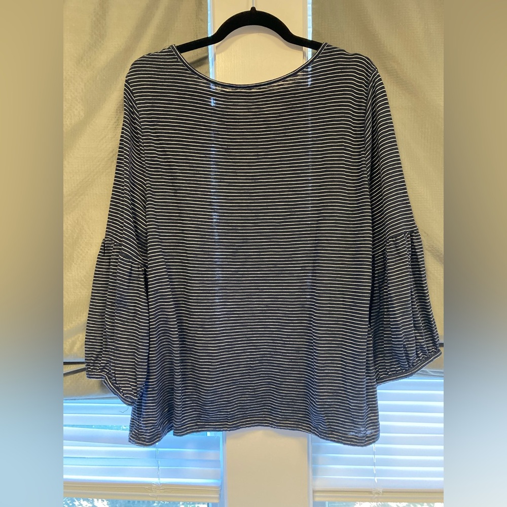 LOFT Striped Navy and White Women's Top with 3/4 Trumpet Sleeves, Size XL - Picture 10 of 10
